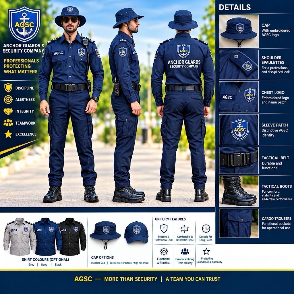 AGSC Official Security Guard Uniform – Front, Side and Back View with Uniform Details